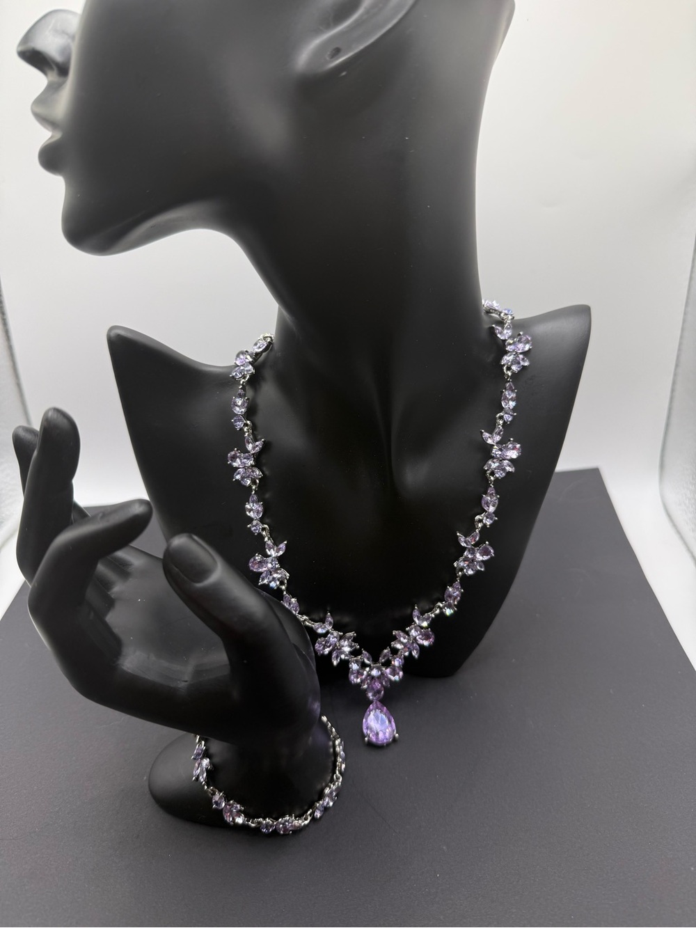 Lavender Crystal Floral Necklace & Bracelet Set Purple Statement Jewelry